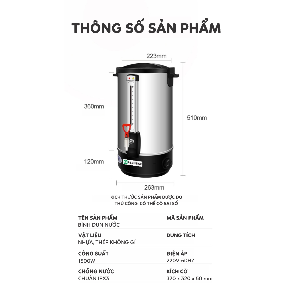 Bình Đun Nước Nóng GREENBAR Máy đun nước nóng dung tích 8L, 10L, 12L, 16L, 20L, 30L, 35L công suất lớn | BigBuy360 - bigbuy360.vn