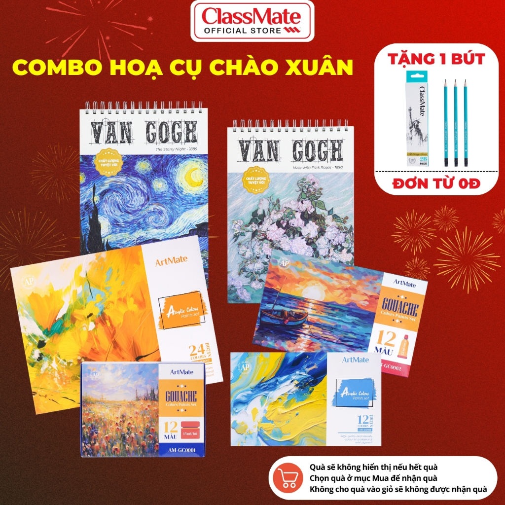 Combo Hoạ Cụ Bút Hoạ Tài Lộc Classmate Sổ Vẽ Sketchbook 200GSM, Màu Acrylic, Màu Gouache Tươi Sáng Vẽ Trên Đa Chất Liệu
