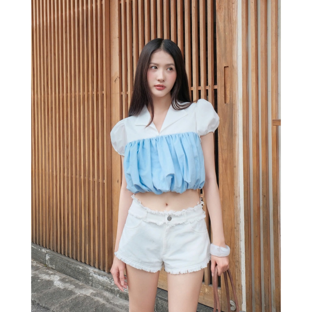 Áo Croptop Nữ PAZINS Cổ Bẻ Phối Màu Dáng Bí Dễ Thương SECODEE