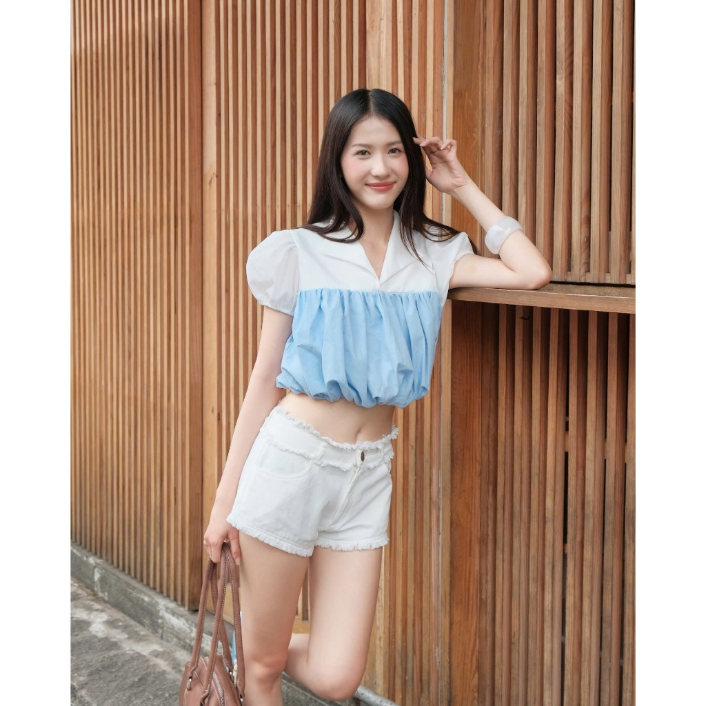 Áo Croptop Nữ PAZINS Cổ Bẻ Phối Màu Dáng Bí Dễ Thương SECODEE