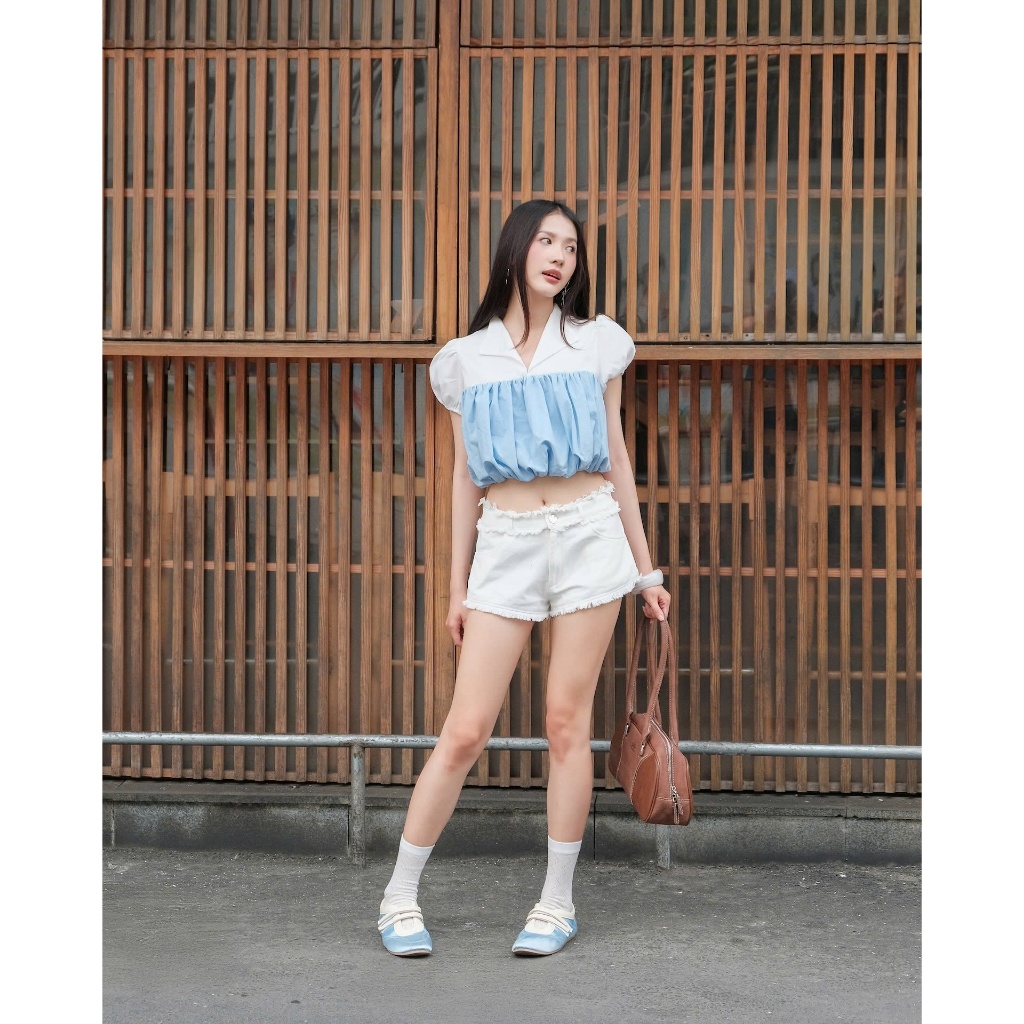 Áo Croptop Nữ PAZINS Cổ Bẻ Phối Màu Dáng Bí Dễ Thương SECODEE