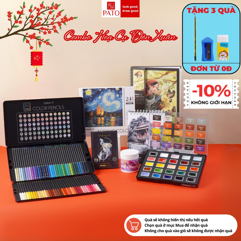Combo Họa Cụ Đón Xuân Global Art Gồm Sổ Vẽ Và Màu Chì Global Art, Màu Nước Bán Khô Semi-Dry, Acrylic Tuýp Tự Chọn