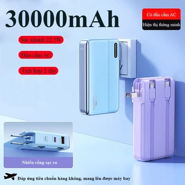 Sạc Dự Phòng 30000mAh Sạc Nhanh 22.5W/PD20 Tích Hợp 2 Dây Sạc Nhanh Đầu Cắm AC Tiện Lợi