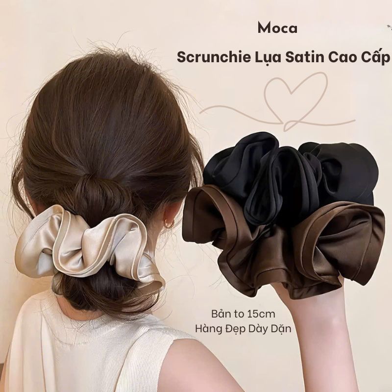 Scrunchies Lụa Satin MOCA Cao Cấp Hàng Đẹp 14cm -18cm. Dây Buộc Tóc Phong Cách Pháp Sang Trọng, Tối Giản Hàn Quốc