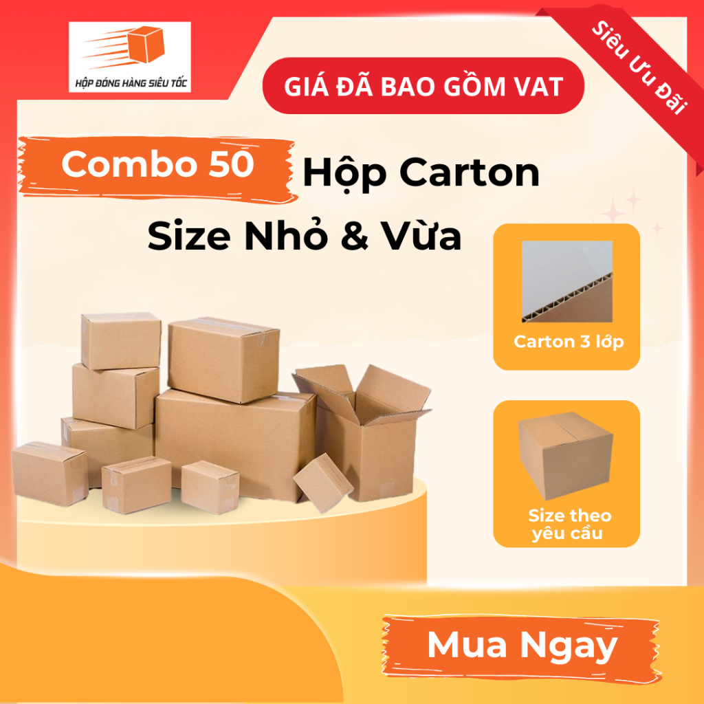[Combo 50] Hộp Carton 3 Lớp (Size Nhỏ - Giá Đã Gồm VAT - Thùng Giấy Hộp Carton Đóng Hàng - Giá Sỉ)