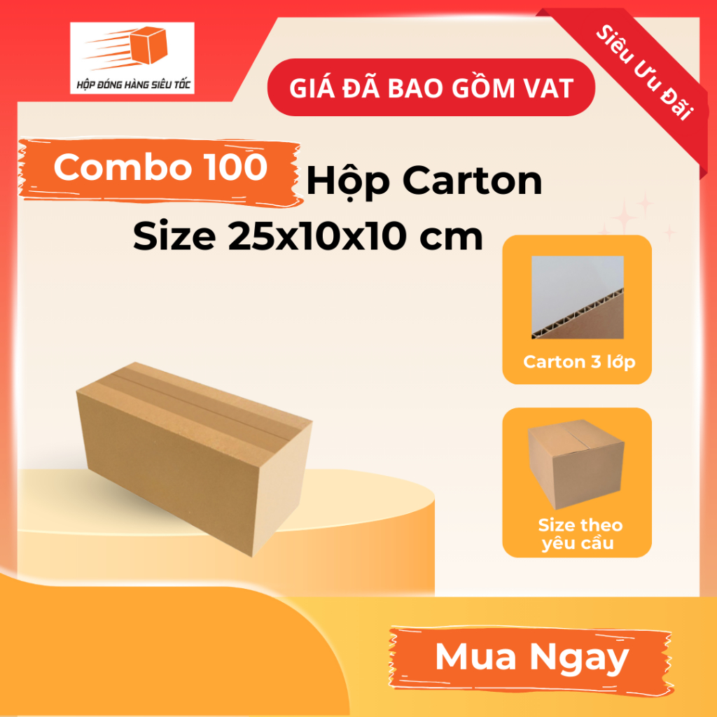 [Combo] Hộp Carton 25x10x10cm 3 Lớp ( Giá Đã Gồm VAT - Thùng Giấy Hộp Carton Đóng Hàng - Giá Sỉ )