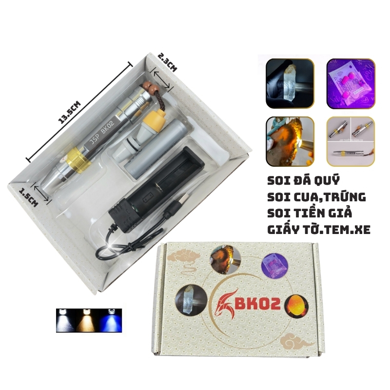 Đèn pin soi đá quy nhiều màu đèn soi cua tiên giấy tờ đa năng ánh sáng mạnh đầy đủ sạc pin JSP