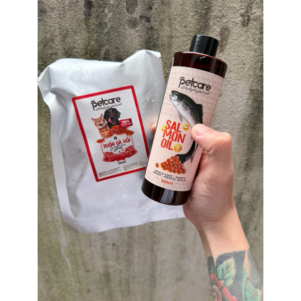 C7_Combo 1 Chai Dầu Cá Hồi PetCare  300ml  và1 Gói  Ruốc Cá Hồi 200g