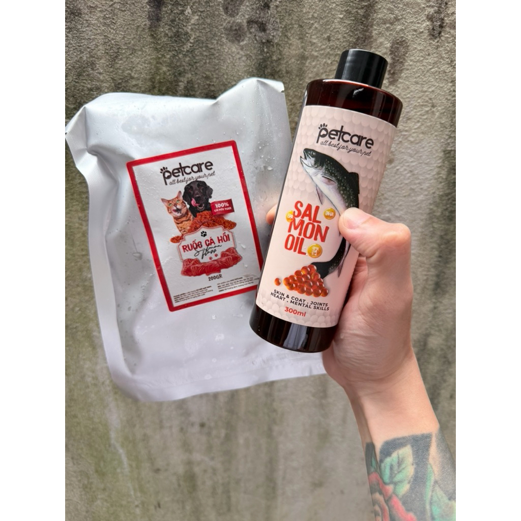 C7_Combo 1 Chai Dầu Cá Hồi PetCare  300ml  và1 Gói  Ruốc Cá Hồi 200g