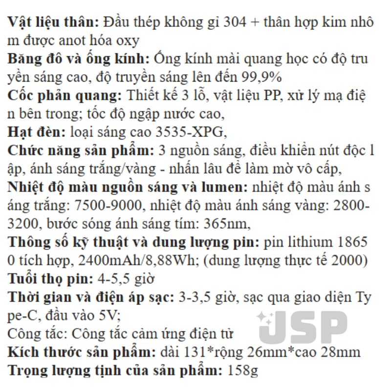 Đèn pin soi đá quy siêu sáng PRO 3 màu KIM AN PHÁT đèn soi cua tiên giấy tờ kèm dây sạc đầu thu nhỏ
