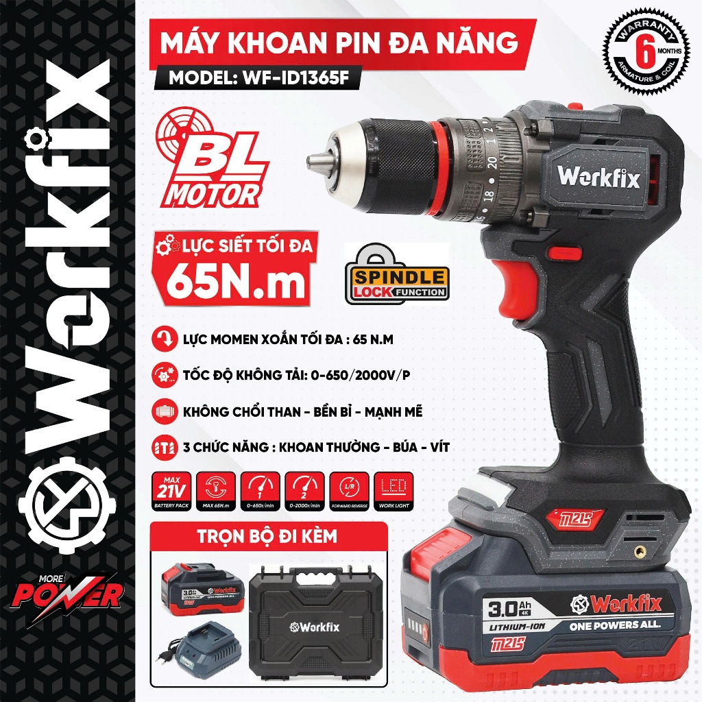 Máy Khoan Pin 21V Workfix WF-ID1365F Không Chổi Than – 65Nm – Khoan Búa Vặn Vít – 2 Cấp Tốc Độ – Đầu Kẹp 13mm