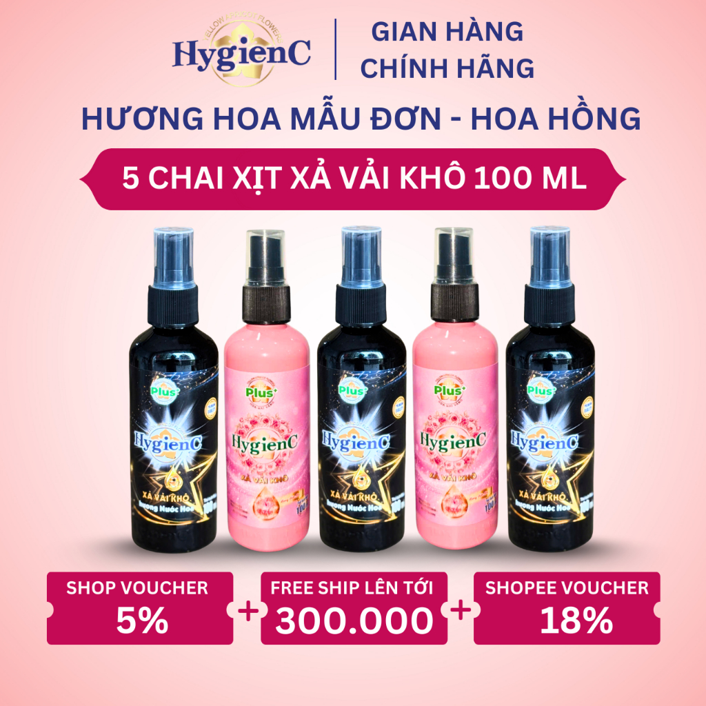 Combo 5 Chai Xịt Thơm Quần Áo HygienC Plus 100ml/Chai - Hương Mẫu Đơn/ Hoa Hồng (Xả Vải Khô)