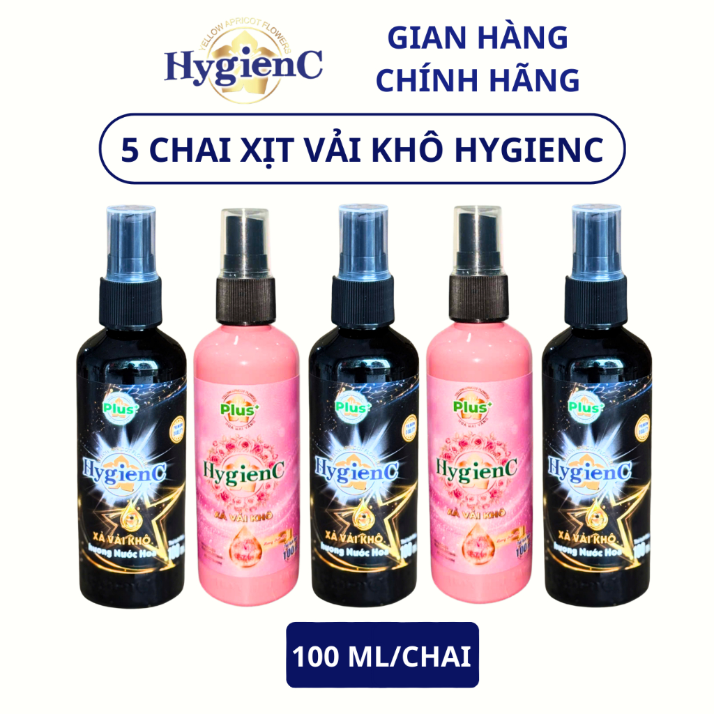 Combo 5 Chai Xịt Thơm Quần Áo HygienC Plus 100ml/Chai - Hương Mẫu Đơn/ Hoa Hồng (Xả Vải Khô)