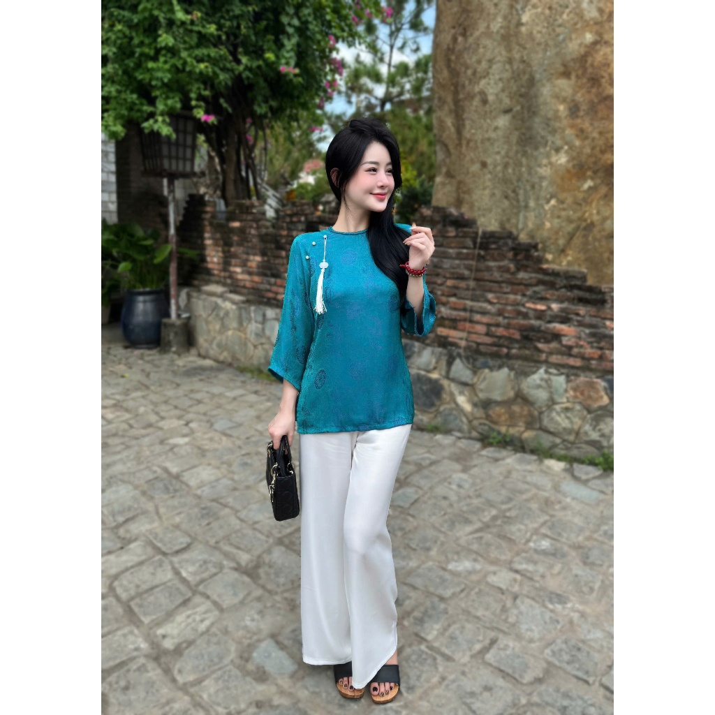 MÃ ÁO LẺ Đồ lam đi chùa nữ bọ pháp phục cổ tết tà vuông kèm charm mặc đi lễ chùa thanh lịch quý phái