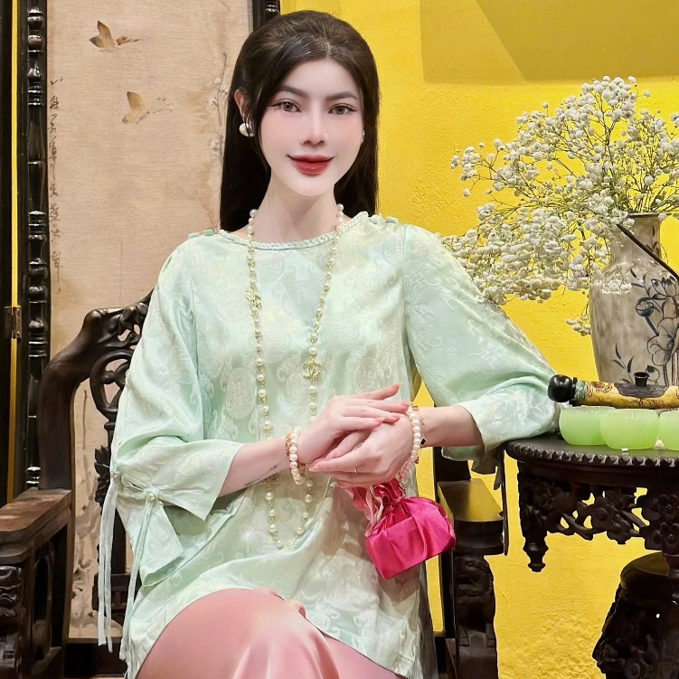 Đồ lam đi chùa nữ bộ pháp phục cổ tết chữ thọ mặc đi lễ chùa sang quý phái thanh lịch