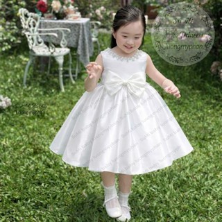 [ HÀNG CAO CẤP ] [ Tặng lúp ] Váy công chúa cổ ngọc nơ eo siêu phồng xòe vải tafta bóng sang trọng cho bé