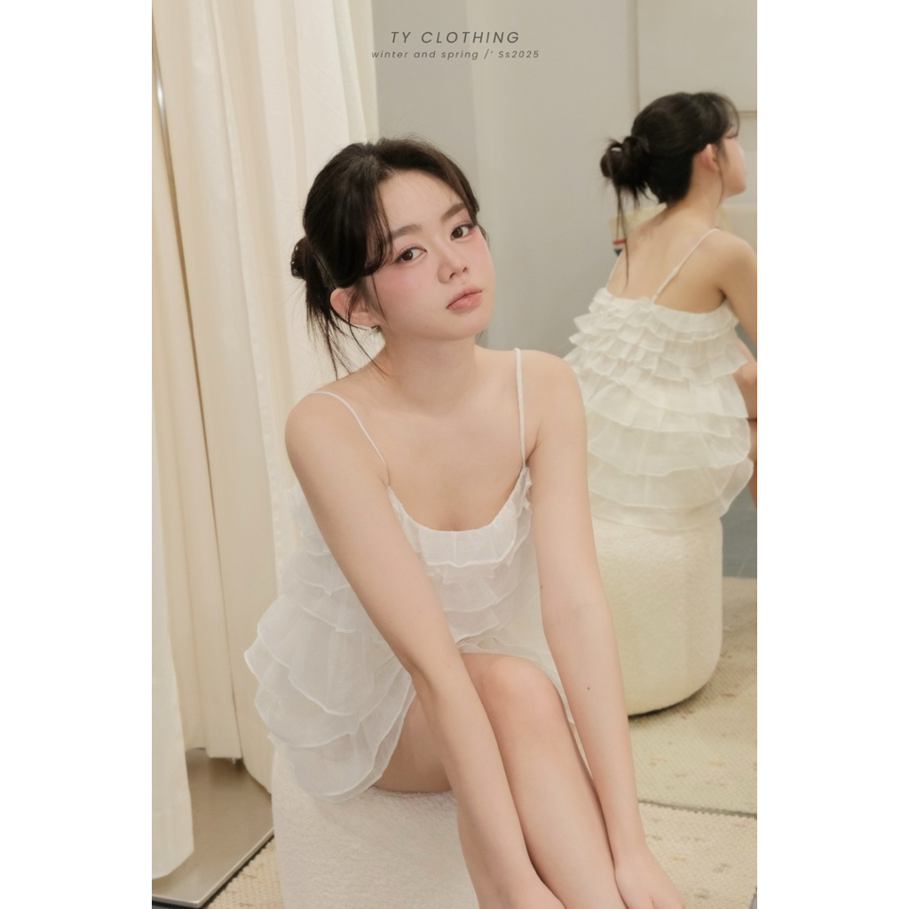 Set babydoll Màu Trắng Chất Liệu Vải Line Tay Xoè Bồng Phong Cách Tiểu Thư Đi Chơi Dễ Thương Sang Trọng - TY CLOTHING