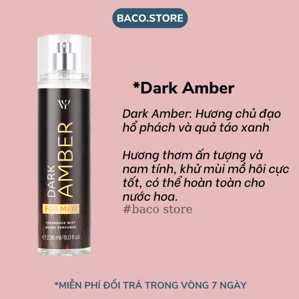 body mist, Xịt thơm cho nam Dark Amber 236ml Nam Tính, Lịch Lãm