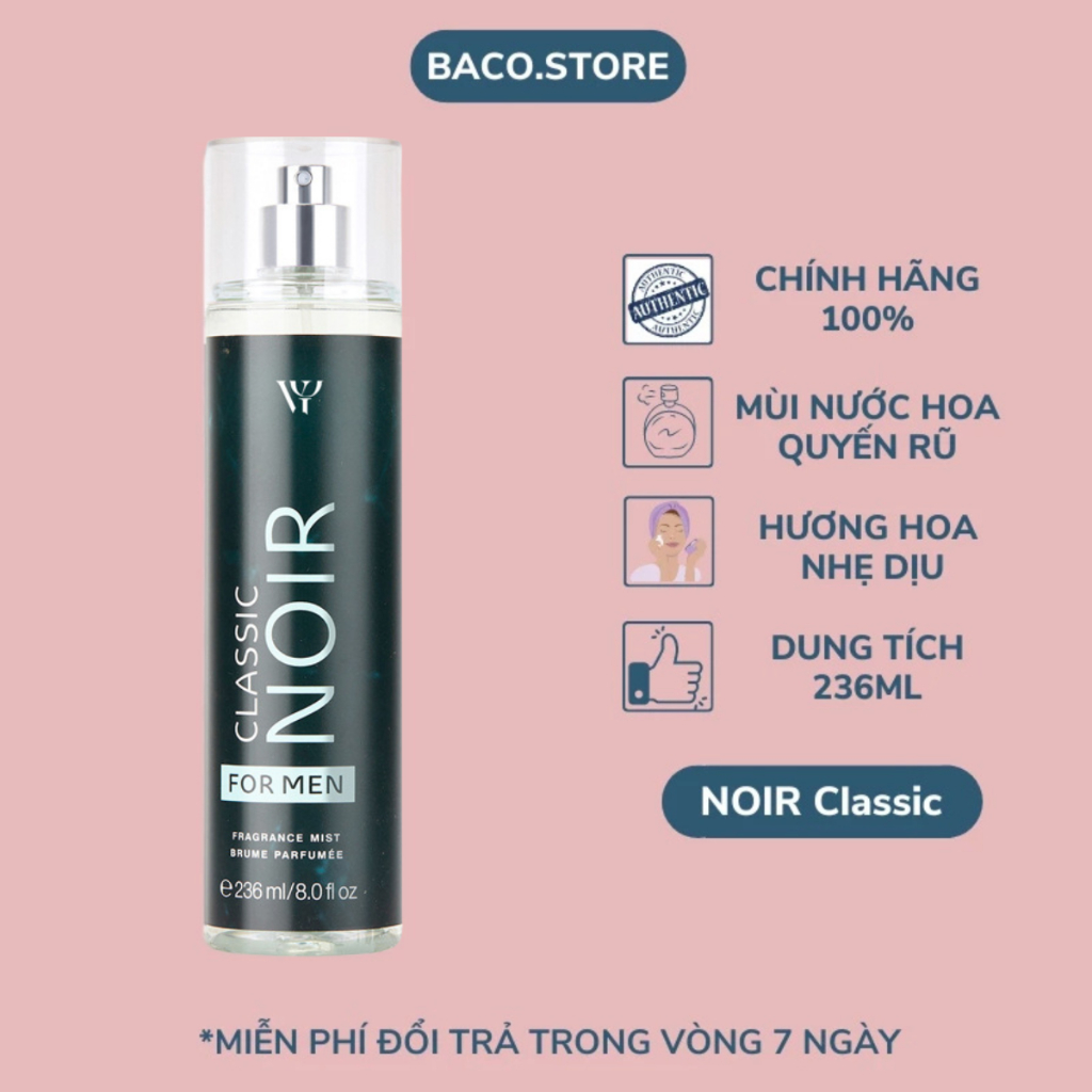 body mist, Xịt thơm cho nam NOIR Classic 236ml Sang trọng, Thanh mát, quyến rũ