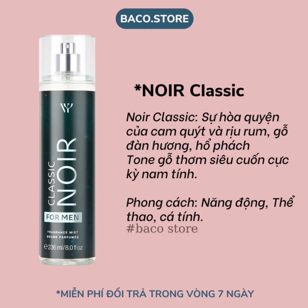body mist, Xịt thơm cho nam NOIR Classic 236ml Sang trọng, Thanh mát, quyến rũ