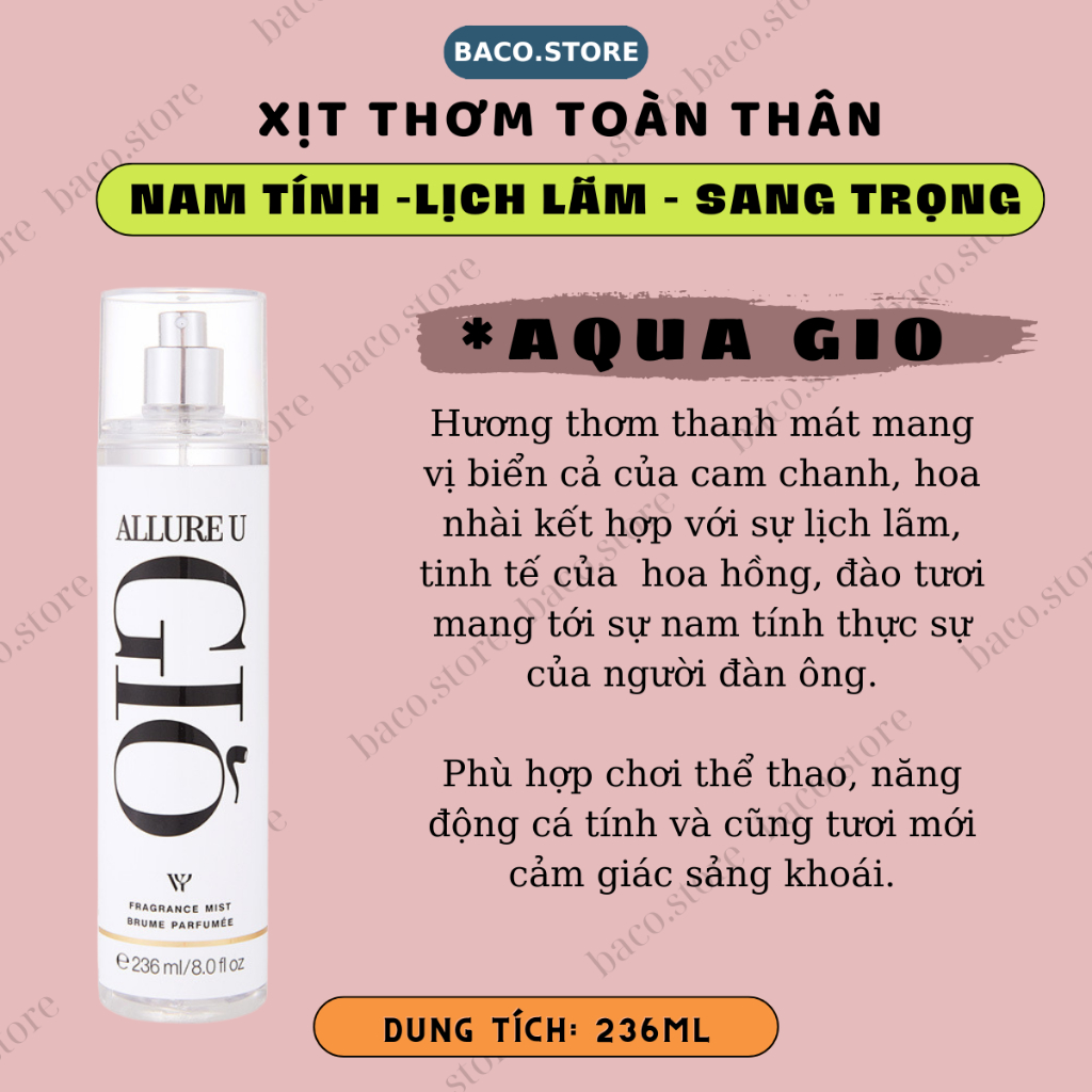 body mist, Xịt thơm cho nam Aqua Giò 236ml Sang trọng, lịch lãm