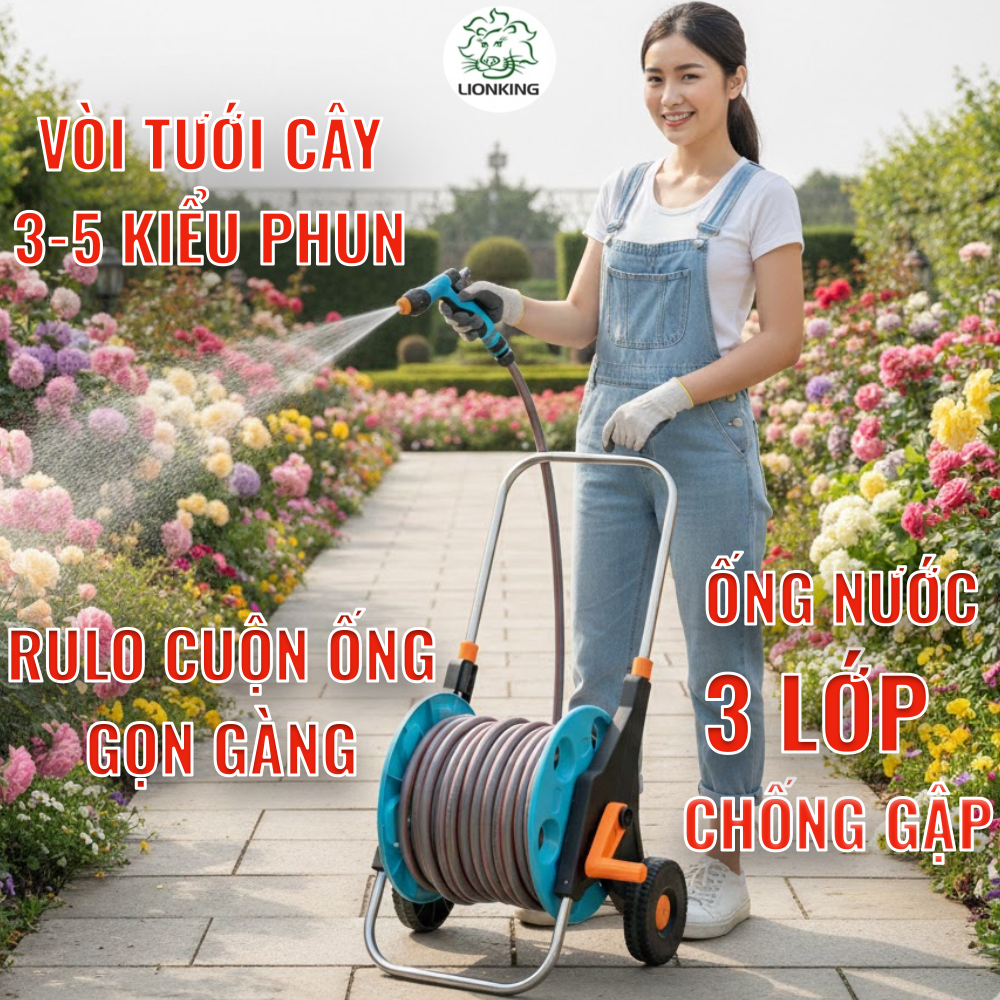 Vòi tưới cây Lionking. Rulo cuộn ống gọn gàng, ống nước 3 lớp chống gập ...
