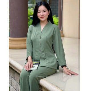BàLai Đũi Trơn Nữ # NútTròn KhôngThêu# Đồ Lam Đi Chùa