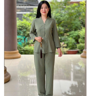 BàLai Đũi Trơn Nữ # NútTròn KhôngThêu# Đồ Lam Đi Chùa
