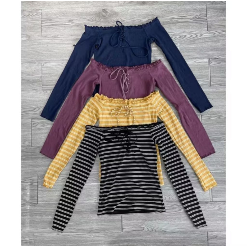 Áo trễ vai tay dài ôm body buộc dây trước cho nữ (off-shoulder lace-up ribbed top)