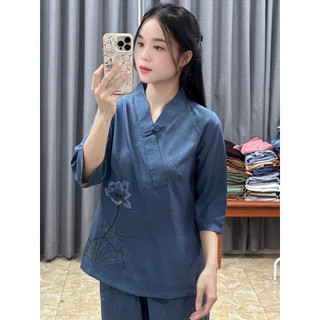 1Nút Thêu Hoa LiNen Ấn Cao Cấp Nữ # Quần Áo Nữ Đi Chùa