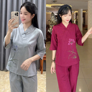 1Nút Thêu Hoa LiNen Ấn Cao Cấp Nữ # Quần Áo Nữ Đi Chùa