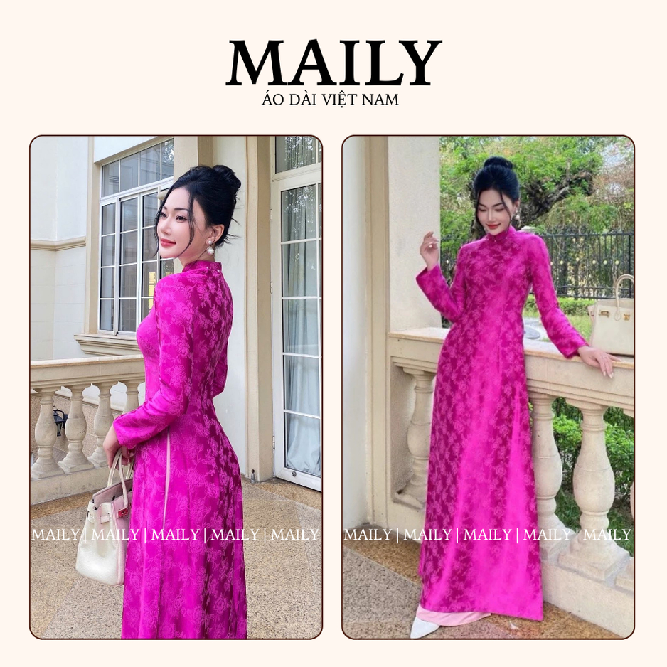Áo Dài Mộc Cẩm Form Truyền Thống, Chất Gấm Mềm Mại Thiết Kế Cổ Cao Tay Dài Nữ Tính - ÁO DÀI MAILY
