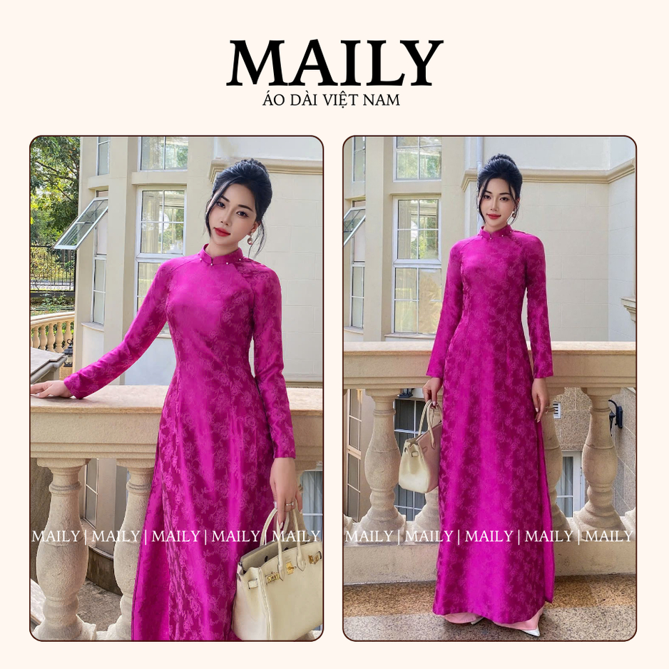 Áo Dài Mộc Cẩm Form Truyền Thống, Chất Gấm Mềm Mại Thiết Kế Cổ Cao Tay Dài Nữ Tính - ÁO DÀI MAILY