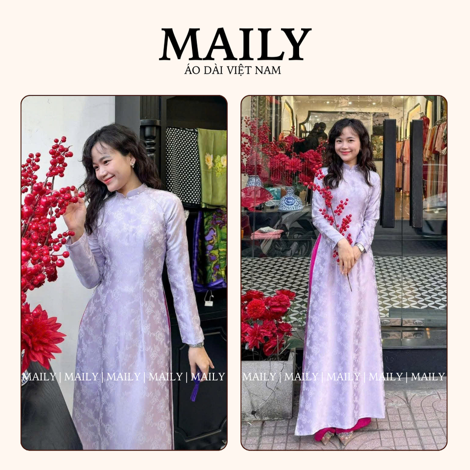 Áo Dài Mộc Cẩm Dáng Truyền Thống, Chất Gấm Mềm Mại Thiết Kế 2 Tà Cổ Cao Tay Dài Sang Trọng - ÁO DÀI MAILY