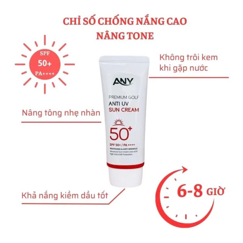 ( 2 tuýp Tặng 2 nạ) Kem Chống Nắng Any Hàn Quốc 60ml Premium Golf Anti UV SPF 50+  Nâng tông, trắng da, không bết