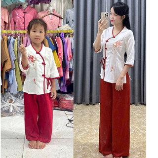 LụaĐào Mẹvà Bé Gái # Đồ Lam Đi Chùa
