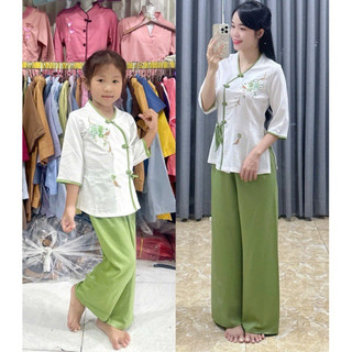 LụaĐào Mẹvà Bé Gái # Đồ Lam Đi Chùa