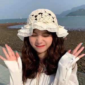 Mũ Mùa Hè Nữ Ren Hoa Beanies Đi Biển Du Lịch Cotton Đan Thủ Công Thời Trang Dễ Thương
