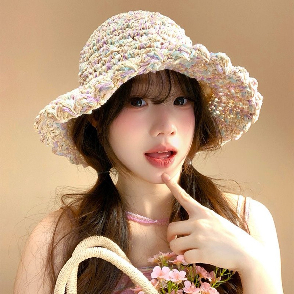 Nón cói móc mix sợi 7 màu cực xinh,Mũ cói đi biển phong cách vintage cực xinh cho nữ
