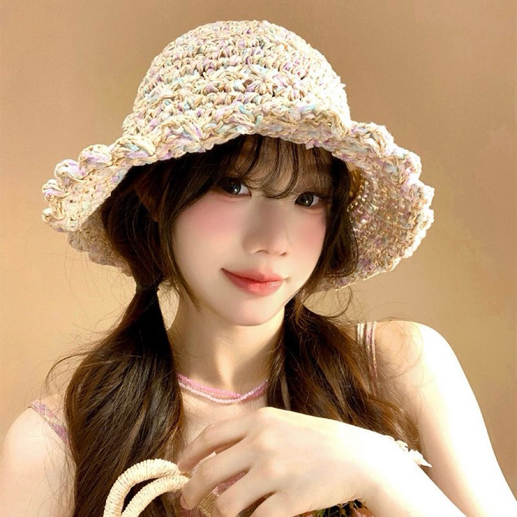 Nón cói móc mix sợi 7 màu cực xinh,Mũ cói đi biển phong cách vintage cực xinh cho nữ