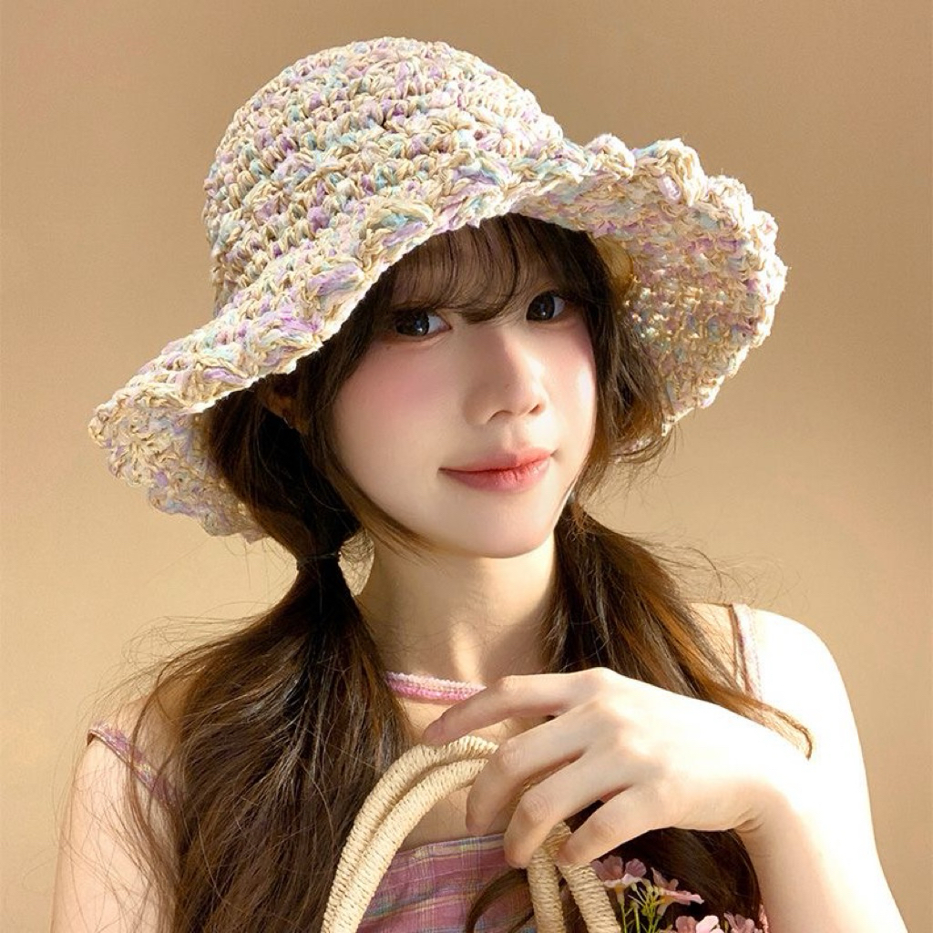 Nón cói móc mix sợi 7 màu cực xinh,Mũ cói đi biển phong cách vintage cực xinh cho nữ