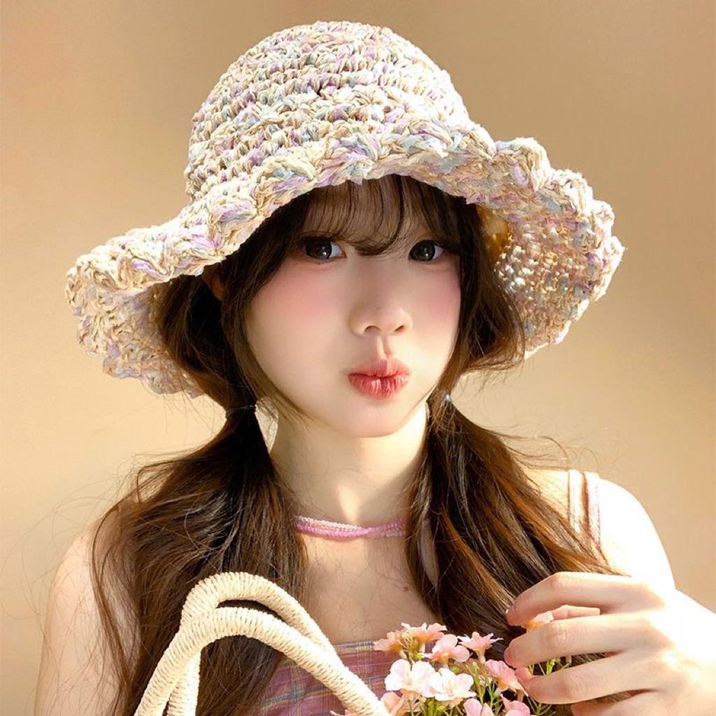 Nón cói móc mix sợi 7 màu cực xinh,Mũ cói đi biển phong cách vintage cực xinh cho nữ