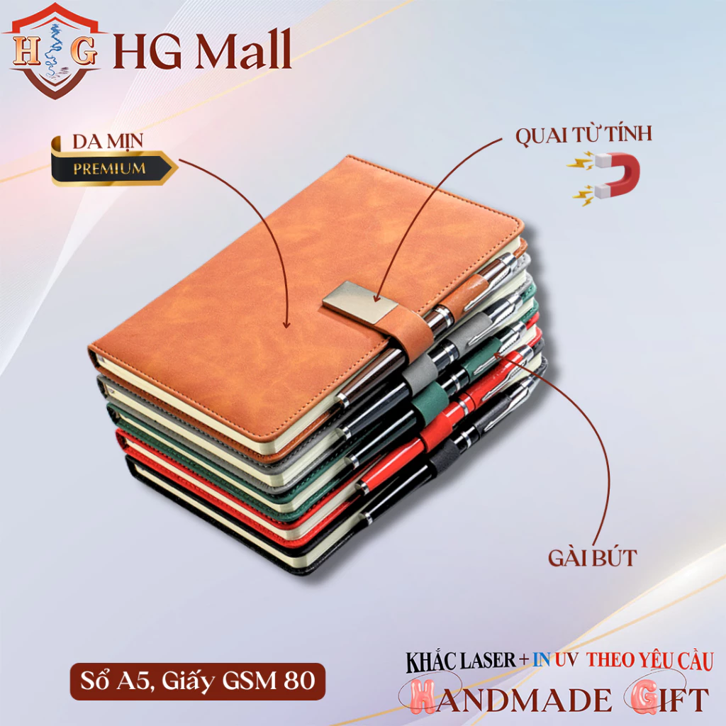 Set Quà Tặng Sổ Tay + Bút Ký Kèm Ruột Thay ( Sổ Có Quai Từ Tính ), Khắc Laser/In UV Theo Yêu Cầu, Qu