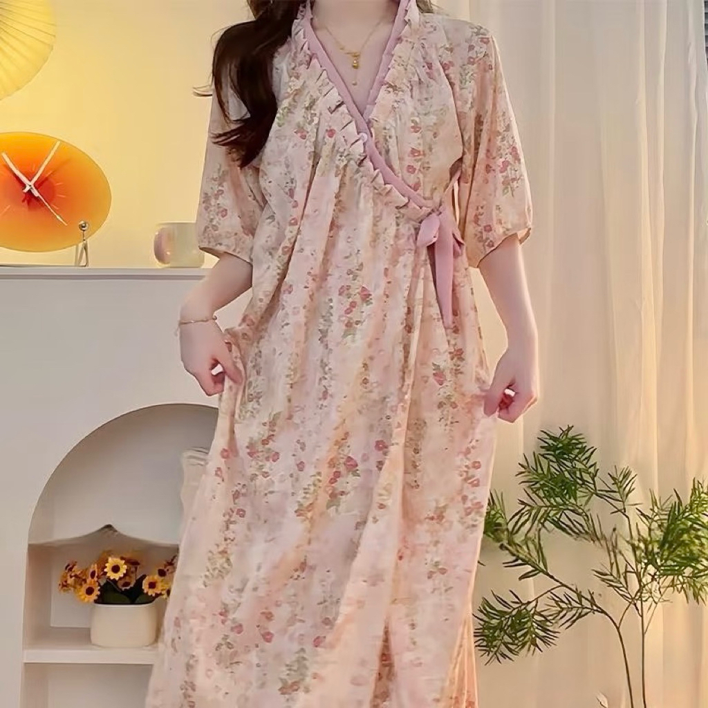 Váy Ngủ Nữ Hoa Nhí Vintage Cổ Chữ V Viền Bèo Dáng Rộng Mặc Nhà Thoải Mái
