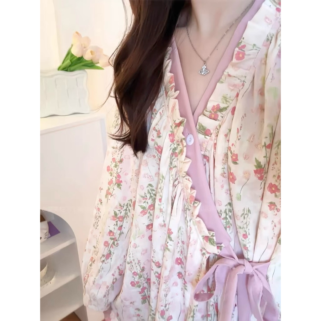 Váy Ngủ Nữ Hoa Nhí Vintage Cổ Chữ V Viền Bèo Dáng Rộng Mặc Nhà Thoải Mái