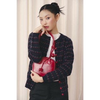 Áo len OLV dệt kim đính nút nổi bật Navy Jacquard Knit Buttoned Top phù hợp dịp thu đông