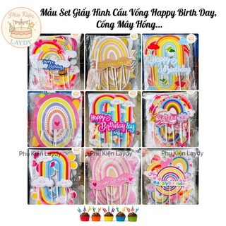 Bịch 10 Set giấy-Que cắm chữ Happy Birth Day, Cầu vồng, Tim hồng, đám mây- Phụ Kiện Trang Trí Bánh Kem, Bánh Sinh Nhật