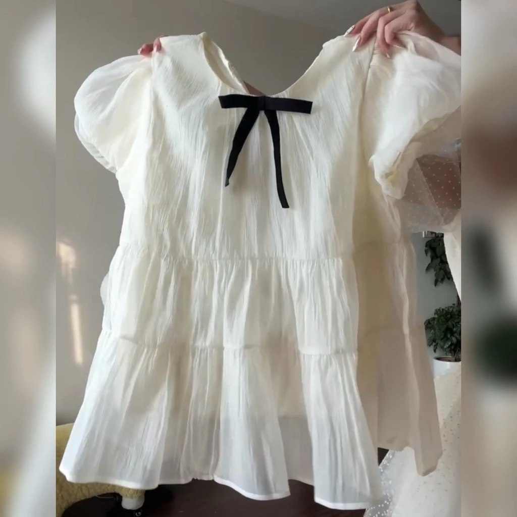 [Áo Kèm Nơ] Áo Nữ Kiểu Babydoll Xoè Tay Bồng Tiểu Thư Công Chúa Chất Tơ Xốp Mềm Mịn Siêu Xinh MS131