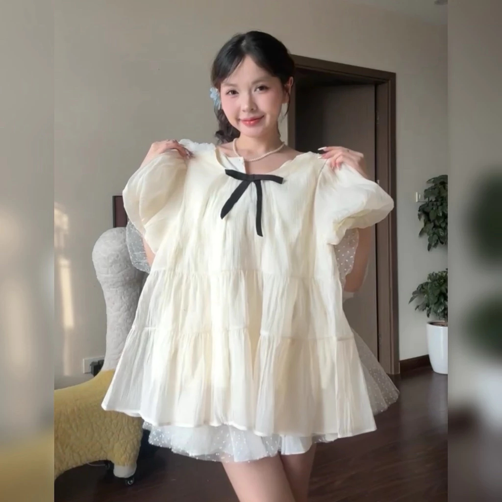 [Áo Kèm Nơ] Áo Nữ Kiểu Babydoll Xoè Tay Bồng Tiểu Thư Công Chúa Chất Tơ Xốp Mềm Mịn Siêu Xinh MS131