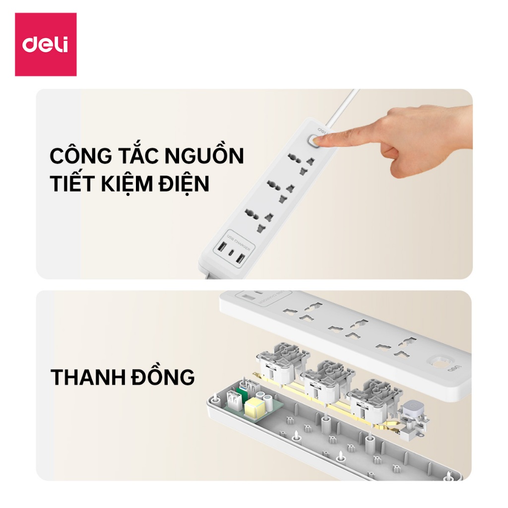 [HỎA TỐC] Ổ Điện Deli 2026 Ổ Cắm Điện Đa Năng Để Bàn Mẫu Mới Công Suất 2500W, Thông Minh Tích Hợp Cổng USB
